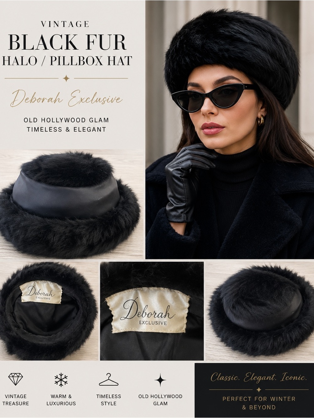 Vintage Black Rabbit Fur Halo Hat Satin Pillbox Old Hollywood Glam